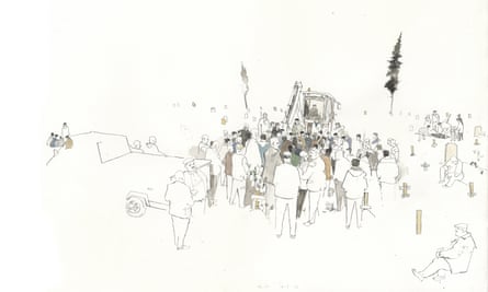 Butler’s illustration of the funeral for his friend, Anas Sweid, who lost his life in the earthquake