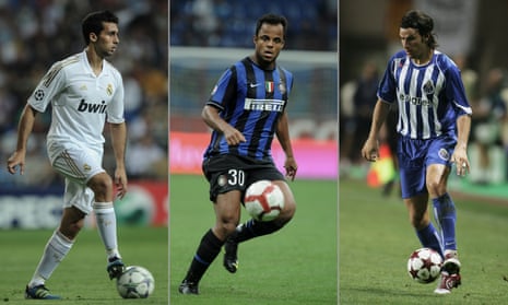 (Left to right): Álvaro Arbeloa of Real Madrid, Inter Milan’s Amantino Mancini and Nuno Valente of Porto. 