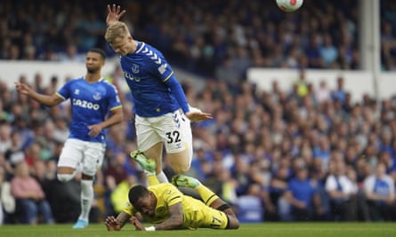 Everton’s Jarrad Branthwaite brings down Brentford’s Ivan Toney