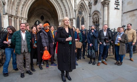 Carole Cadwalladr outside the Royal Courts of Justice with her supporters in January 2022