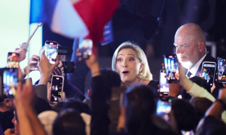 Marine Le Pen, president of the French far-right National Rally (Rassemblement National - RN) party parliamentary group, reacts during a political rally as part of the party’s campaign for the European elections in Perpignan, France, May 1, 2024.