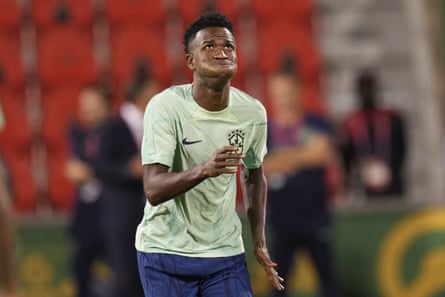 Brazil’s Vinicius Junior during a training session in Doha on Thursday.