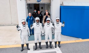 The astronauts before a dress rehearsal for the Crew-1 mission launch on Thursday at Nasa’s Kennedy Space Center in Florida.
