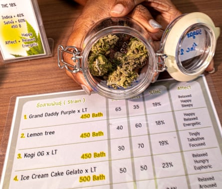 A jar of cannabis buds is held over a price list