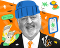 Bill Bailey in a blue beanie, surrounded by colourful illustrated shopping icons