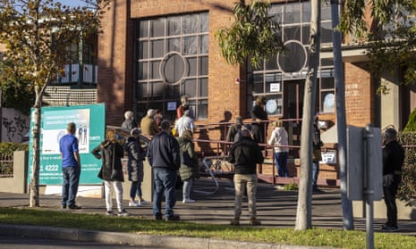 People line up outside a Covid-19 vaccination centre in West Melbourne, Victoria, Australia, 31 May 2021.