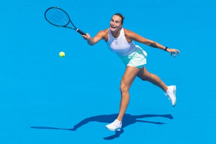 Aryna Sabalenka reaches for a forehand.