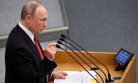 Vladimir Putin addresses MPs in Russia’s lower house of parliament on Tuesday.