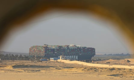 The stranded container ship Ever Given, one of the world’s largest container ships, after it ran aground, in the Suez Canal