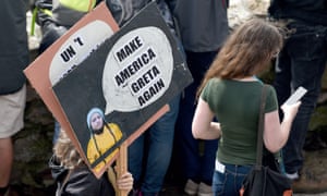 One of the signs on display when Greta Thunberg set sail from England for the US earlier this month. The play on words refers to Donald Trump's 2016 election slogan "Make America Great Again."
