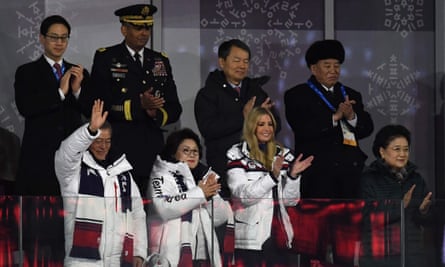 (front row) South Korea’s president, Moon Jae-in (left), his wife Kim Jung-sook (centre), Ivanka Trump (centre right), (back row) North Korean Gen Kim Yong-chol (right), and US forces Korea commander Gen Vincent K Brooks (second left) at the closing ceremony.