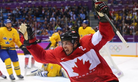 Sidney Crosby of Canada celebrated after scoring a goal during the gold medal game at the 2014 Sochi Winter Olympics.