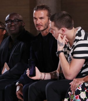 Edward Enninful, David Beckham and Brooklyn Beckham in the front row