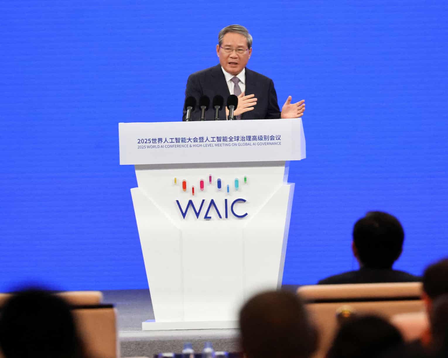 Chinese Premier Li Qiang speaks during the World Artificial Intelligence Conference in Shanghai