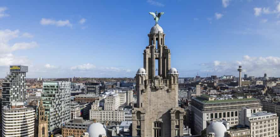 Liver Bird on the Royal Liver building facing across the city of Liverpool