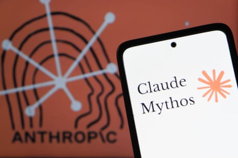 Anthropic logo is seen on a smartphone with a Claude mythos logo in the background