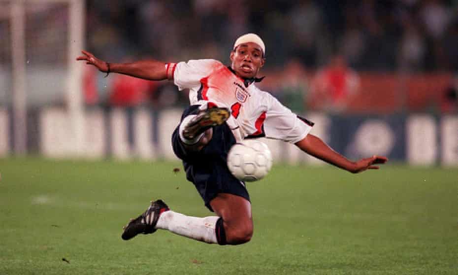 A blood-stained, bandaged Paul Ince in action during England’s World Cup qualifier against Italy in Rome in October 1997.