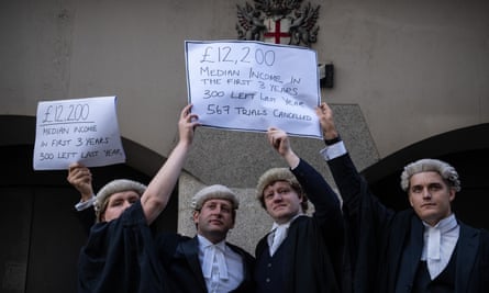Barristers wearing wigs hold up a poster that begins: ‘£12,000 median income in first 3 years’