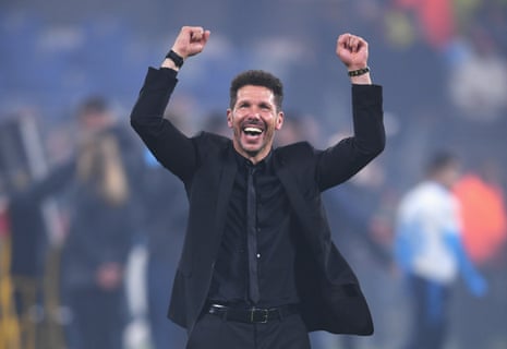 Atletico Madrid coach Diego Simeone celebrates his team’s victory in the UEFA Europa League Final.