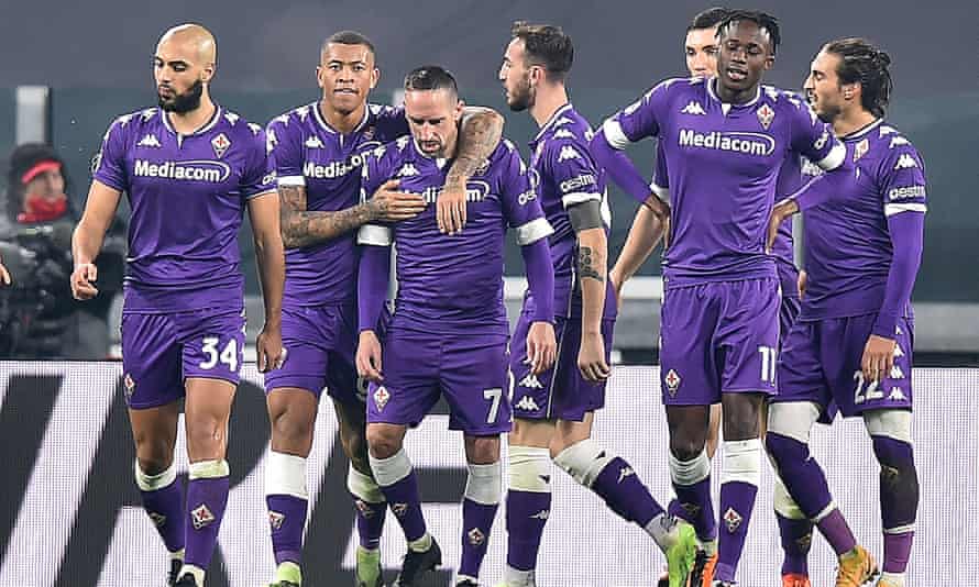 Fiorentina players celebrate during a famous away win against Juventus on Tuesday night.