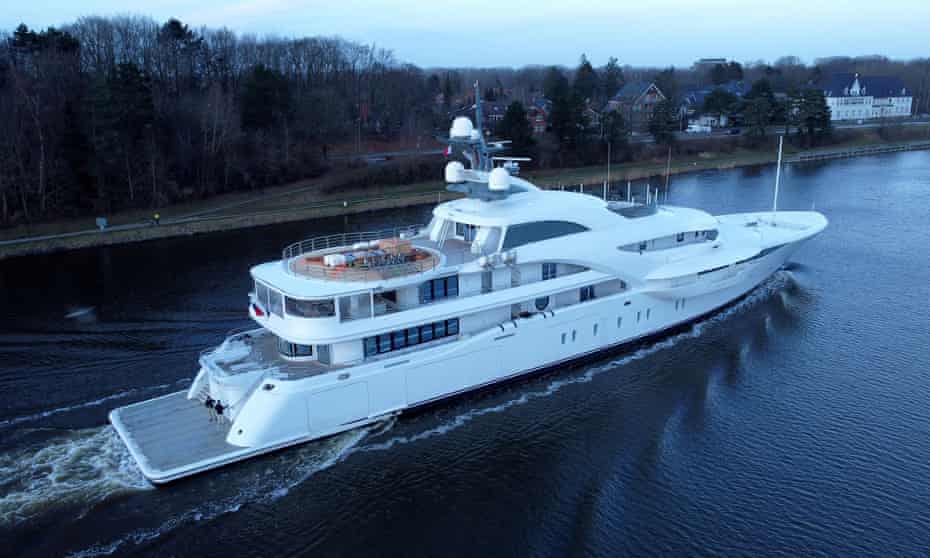 The yacht "Graceful" sails along the Kiel Canal (Nord Ostsee Kanal) near Rendsburg, north of Hamburg, Germany, February 7, 2022. Picture taken February 7, 2022. Picture taken with a drone.