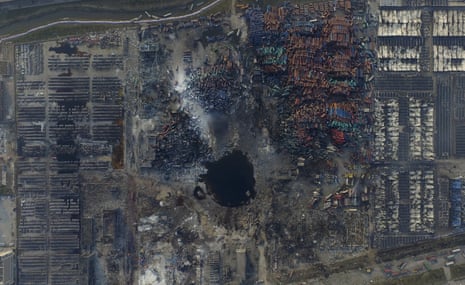 An aerial picture of the site of explosions at the Binhai new district, Tianjin, China, August 16, 2015