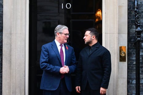 Prime minister of the United Kingdom Sir Keir Starmer greets President of Ukraine Volodymyr Zelenskyy outside 10 Downing Street in London.