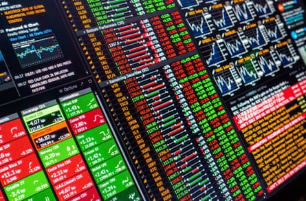 Computer screen closeup showing stock exchange financial data