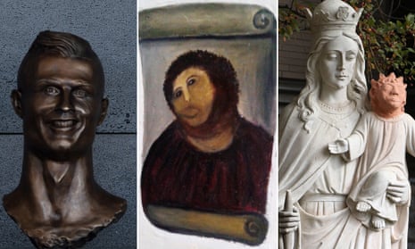 Bust of Cristiano Ronaldo, Ecce Homo fresco and statue of the Virgin Mary and Jesus.