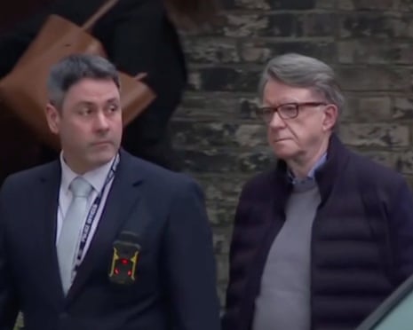Peter Mandelson being arrested at his north London home on Monday.