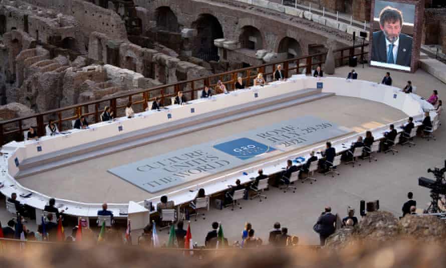 Italy Rome G20 Ministers Meeting - 31 Jul 2021<br>Mandatory Credit: Photo by Xinhua/REX/Shutterstock (12239774c) Participants attend the Group of 20 (G20) ministerial meeting at the Colosseum in Rome, Italy, on July 29, 2021. Ministers from the Group of 20 countries on Friday concluded two days of talks on the role of culture in the world, saying that investing in cultural initiatives can be a driver of sustainable economic growth and that they should be a part of future G20 negotiations. Italy Rome G20 Ministers Meeting - 31 Jul 2021