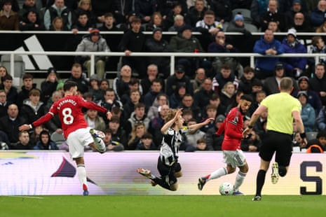 Anthony Gordon is bundled over by Bruno Fernandes. Penalty.