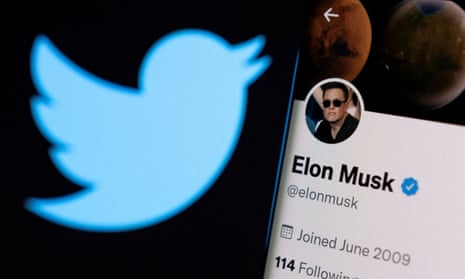twitter logo and phone showing elon musk's twitter page