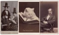 Three Victorian cartes de visite showing two Welsh women in hats; a white cats wearing glasses; and Charles Dickens