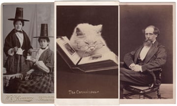 Three Victorian cartes de visite showing two Welsh women in hats; a white cats wearing glasses; and Charles Dickens