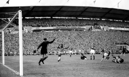 Pelé celebrates after Vavá fires home his and Brazil’s second goal in their 2-0 win over the USSR in their 1958 World Cup group game