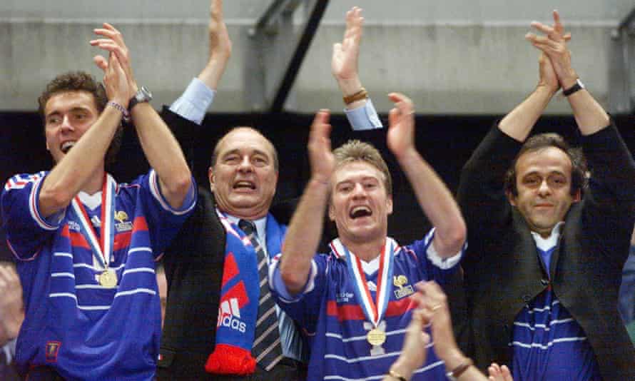 Michel Platini with Laurent Blanc, Jacques Chirac (the then president of France) and Didier Deschamps after France won the 1998 World Cup