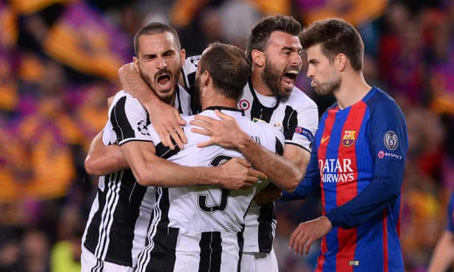 Juventus defenders Andrea Barzagli, Giorgio Chiellini and Leonardo Bonucci celebrate after knocking Barcelona out of the Champions League.