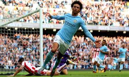 Leroy Sané celebrates after scoring one of Manchester City’s goals in a 7-2 win over Stoke. Pep Guardiola said his team thrived because they ‘played simple and played quick’.
