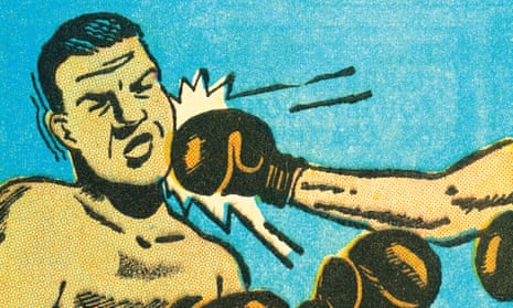 A cartoon of a man being punched in the face in a boxing match