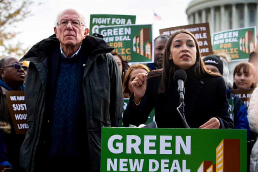 Bernie Sanders and Alexandria Ocasio-Cortez campaigning for a Green New Deal in Washington DC in November 2019.