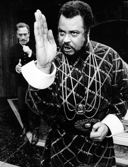 James Earl Jones on stage as Othello with Christopher Plummer as Iago in Othello, 1982.