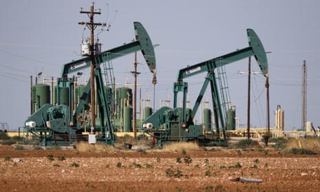 A pump jack operating in an oil field in Midland, Texas.