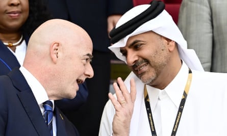 Fifa president Gianni Infantino with Qatari prime minister Sheikh Khalid bin Khalifa bin Abdul Aziz Al Thani at England’s match against Iran in Qatar, 21 November 2022