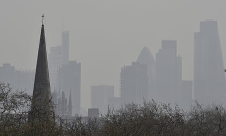 Air pollution obscures the City of London skyline, as seen from Primrose Hill in the north of the capital. 