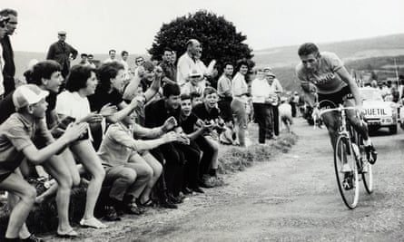 Jacques Anquetil, wearing the race leader’s yellow jersey, in the 1963 Tour de France. Photograph: Popperfoto/Getty Images