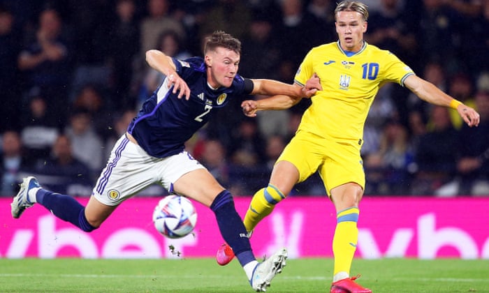 Nathan Patterson of Scotland (left) in action against Mykhailo Mudryk of Ukraine.