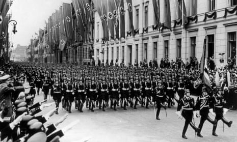 SS troops parade before Adolf Hitler in Berlin in 1939. 