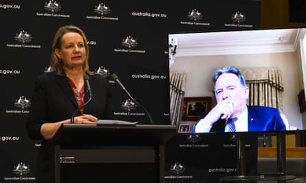 Australian environment minister Sussan Ley and Prof Graeme Samuel (on screen), who is reviewing the EPBC Act, speak to the media