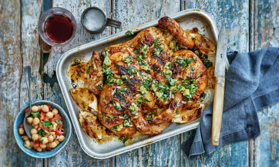 Spatchcock chicken with ras el hanout and coriander dressing.